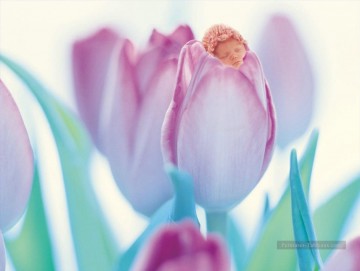 Génie endormi en tulipe pourpre originale de l’ange Peinture à l'huile
